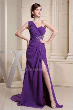 Beading One-Shoulder Long Purple Chiffon Prom/Formal Evening Dresses 02020080