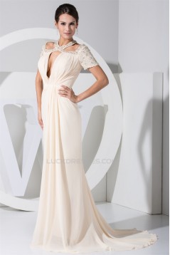 Beading Puddle Train Chiffon Short Sleeve Long Prom/Formal Evening Dresses 02020085