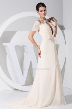 Beading Puddle Train Chiffon Short Sleeve Long Prom/Formal Evening Dresses 02020085