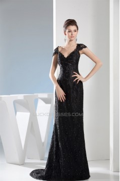 Beading Cap Sleeve Sleeveless V-Neck Lace Long Black Prom/Formal Evening Dresses 02020098