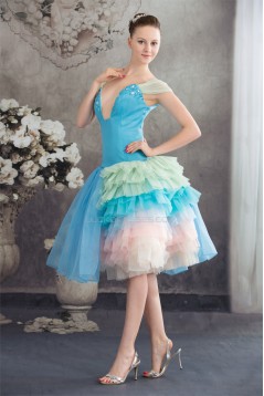 Beading Satin Organza V-Neck A-Line Tea Length Prom/Formal Evening Dresses 02021047
