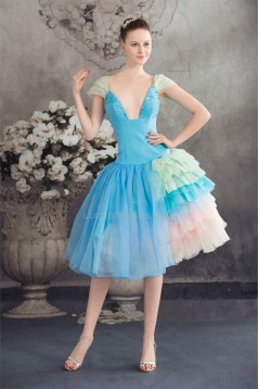 Beading Satin Organza V-Neck A-Line Tea Length Prom/Formal Evening Dresses 02021047
