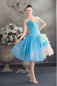 Beading Satin Organza V-Neck A-Line Tea Length Prom/Formal Evening Dresses 02021047