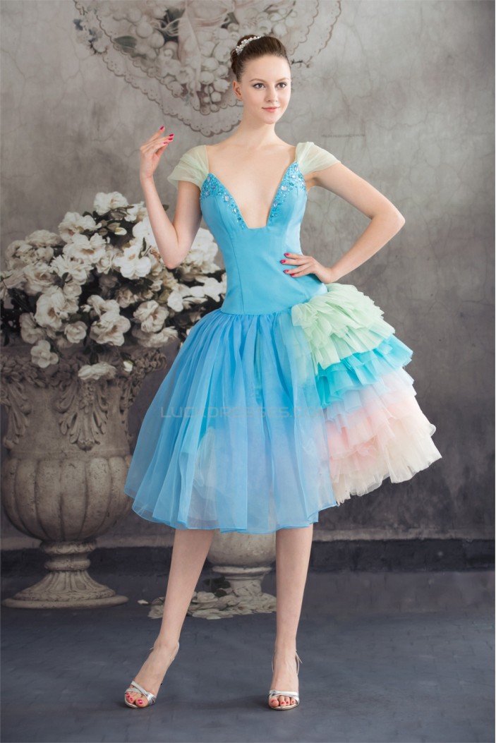 Beading Satin Organza V-Neck A-Line Tea Length Prom/Formal Evening Dresses 02021047