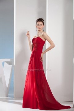 A-Line Chiffon Brush Sweep Train Long Red Prom/Formal Evening Dresses 02020107