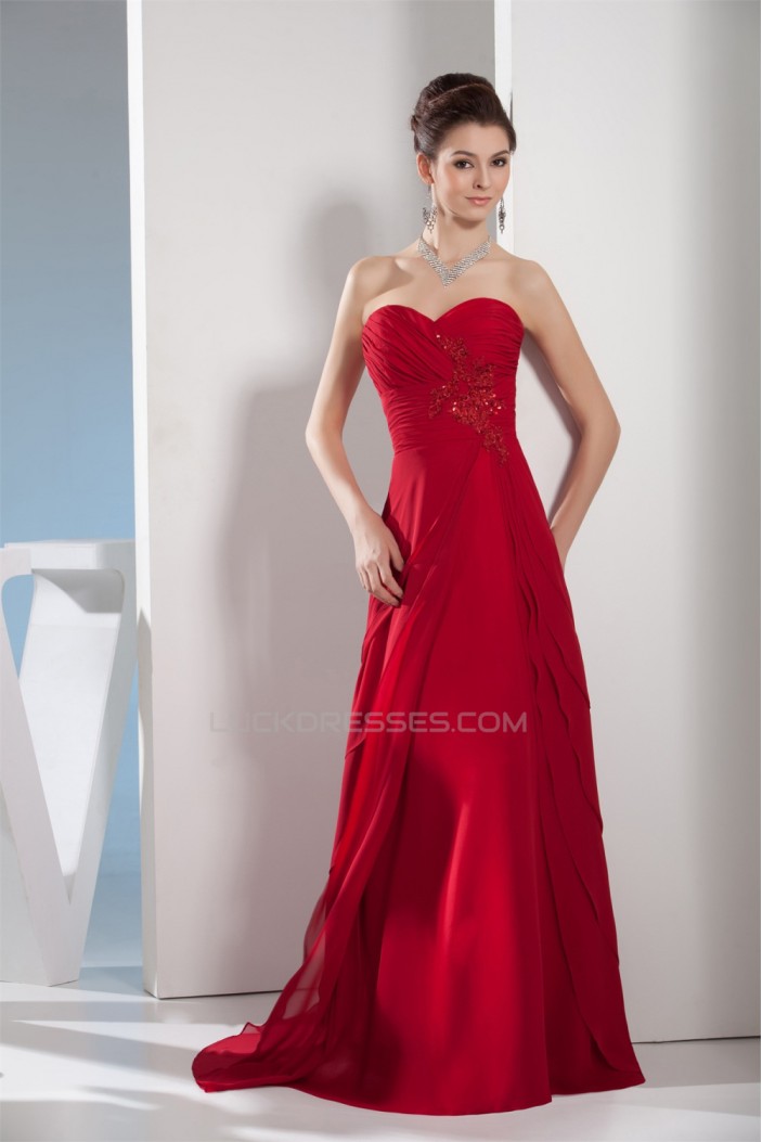 A-Line Chiffon Brush Sweep Train Long Red Prom/Formal Evening Dresses 02020107