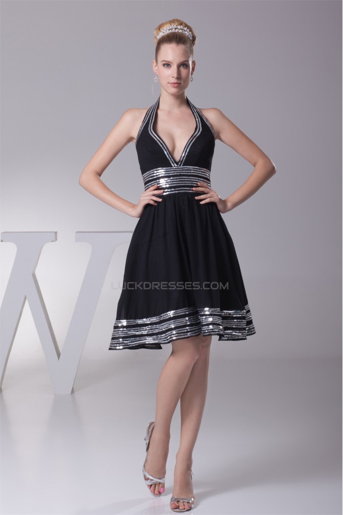 A-Line Halter Sequin Short Black Knee-Length Prom/Formal Evening Dresses 02021072