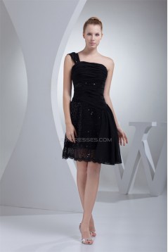 A-Line Short/Mini One-Shoulder Sleeveless Sequins Black Dresses 02021097