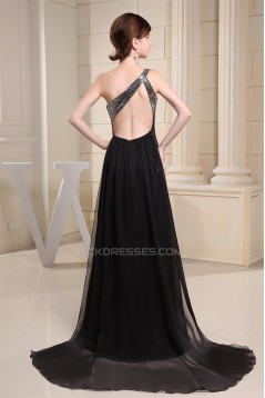 Brush Sweep Train One-Shoulder A-Line Chiffon Sequins Long Black Prom/Formal Evening Dresses 02020114