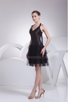 Sleeveless Halter Cascading Ruffles Knee-Length Little Black Dresses 02021209