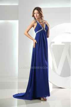 Empire Brush Sweep Train V-Neck Long Blue Chiffon Evening Formal Bridesmaid Maternity Dresses 02020128