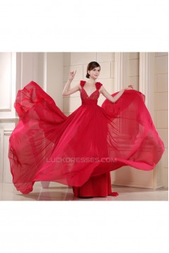 Beading V-Neck Brush Sweep Train Long Red Prom/Formal Evening Dresses 02020130