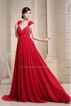 Beading V-Neck Brush Sweep Train Long Red Prom/Formal Evening Dresses 02020130