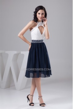 A-Line Halter Beading Sleeveless Knee-Length White Blue Prom/Formal Evening Dresses 02021302