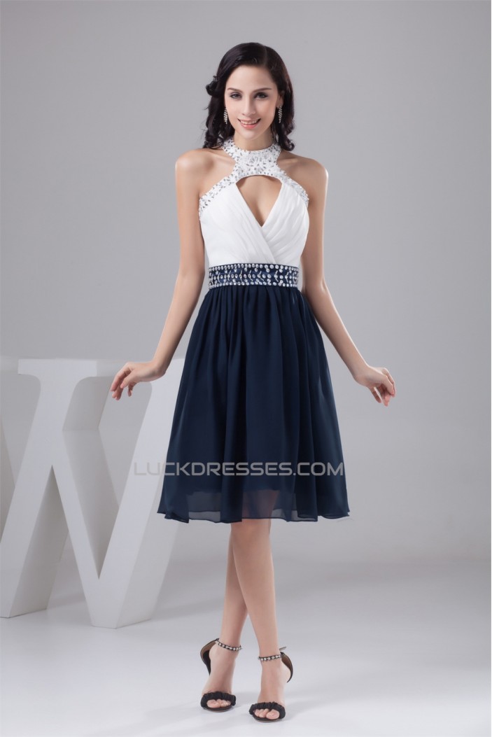 A-Line Halter Beading Sleeveless Knee-Length White Blue Prom/Formal Evening Dresses 02021302