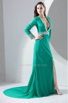 Chiffon Beading Long Sleeve V-Neck A-Line Evening Mother of the Bride Dresses 02020133