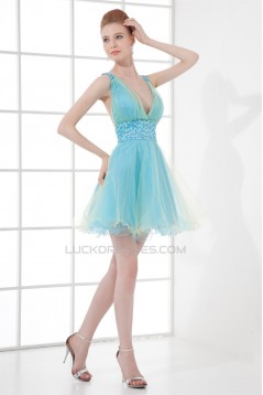 A-Line V-Neck Short/Mini Sleeveless Beaded Tulle Prom Evening Cocktail Dresses 02021433