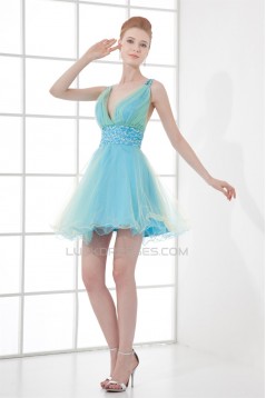 A-Line V-Neck Short/Mini Sleeveless Beaded Tulle Prom Evening Cocktail Dresses 02021433