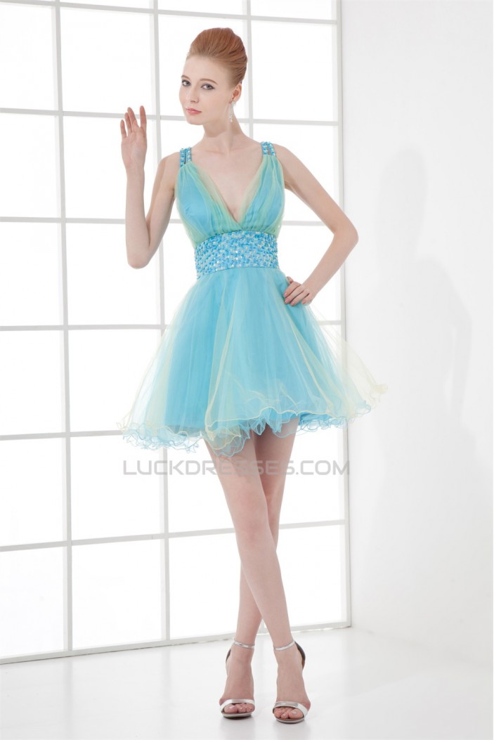 A-Line V-Neck Short/Mini Sleeveless Beaded Tulle Prom Evening Cocktail Dresses 02021433