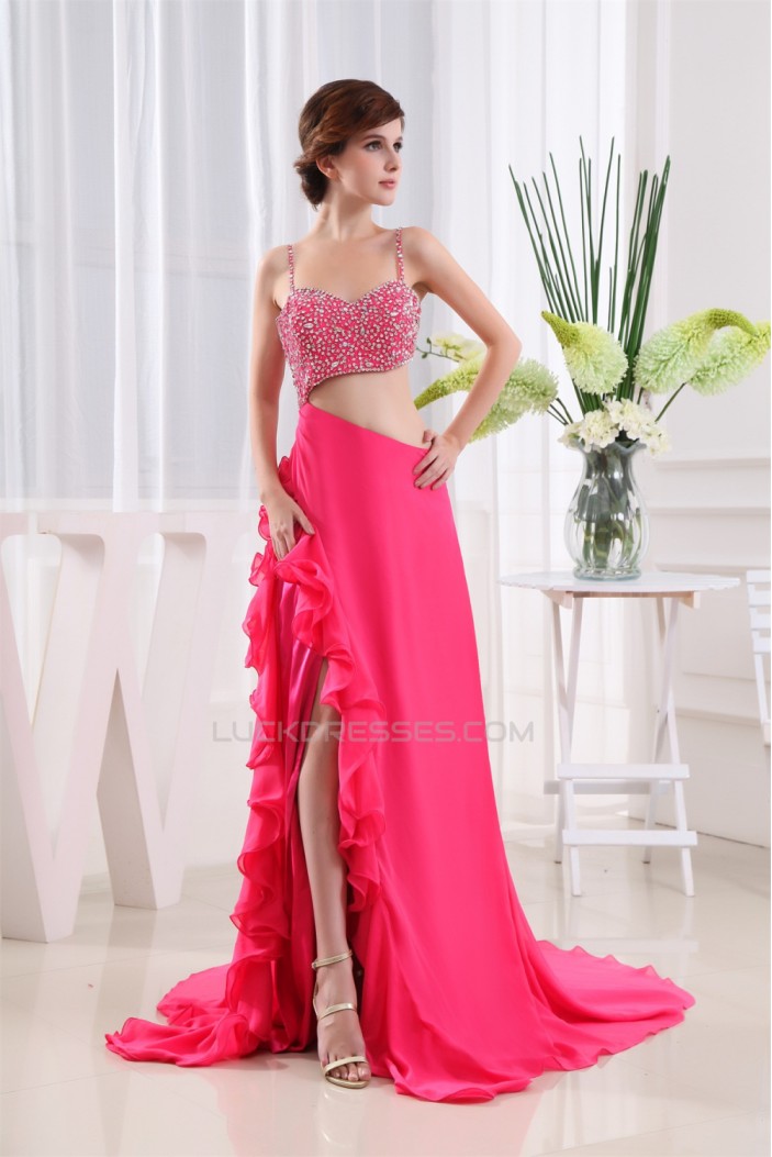 A-Line Spaghetti Strap Beading Long Prom Evening Party Dresses 02020144