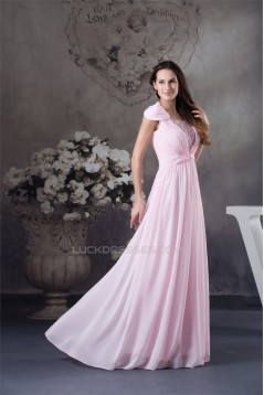 A-Line Cap-Sleeve Floor-Length Beading Long Pink Prom Evening Formal Bridesmaid Dresses 02020145