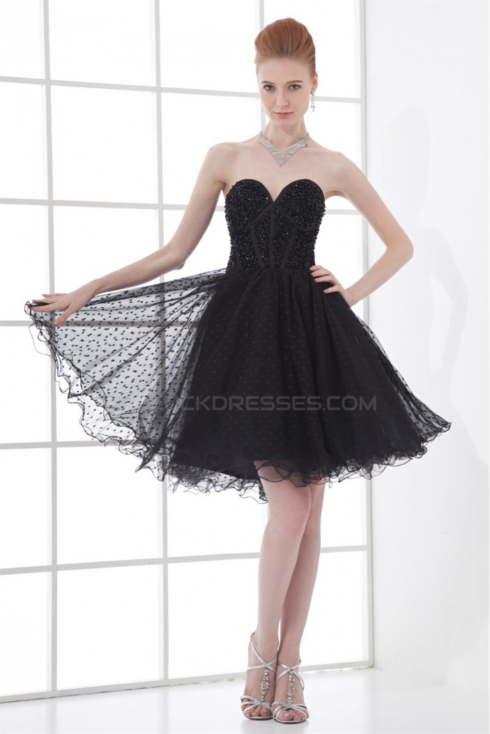 Sleeveless Satin Fine Netting Beading Short/Mini Little Black Dresses 02021530