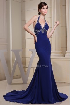 Trumpet/Mermaid Halter Long Blue Chiffon Prom/Formal Evening Dresses 02020162