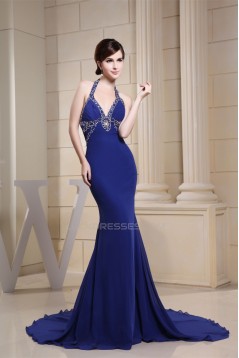 Trumpet/Mermaid Halter Long Blue Chiffon Prom/Formal Evening Dresses 02020162