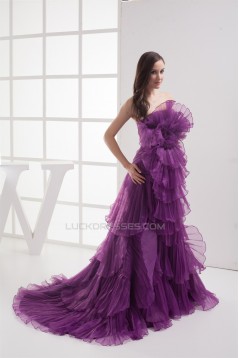 Court Train Strapless Satin Organza Handmade Flowers Prom/Formal Evening Dresses 02020165