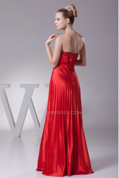 A-Line Floor-Length Beading Pleated Silk like Satin Long Red Prom/Formal Evening Dresses 02020182