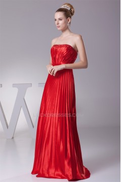 A-Line Floor-Length Beading Pleated Silk like Satin Long Red Prom/Formal Evening Dresses 02020182