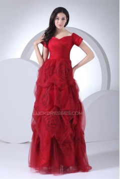 Floor-Length Satin Fine Netting Short Sleeve V-Neck Prom/Formal Evening Dresses 02020191