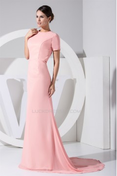 Hollow Back Satin Chiffon Puddle Train Short Sleeve Long Pink Prom/Formal Evening Dresses 02020211