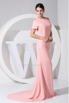 Hollow Back Satin Chiffon Puddle Train Short Sleeve Long Pink Prom/Formal Evening Dresses 02020211