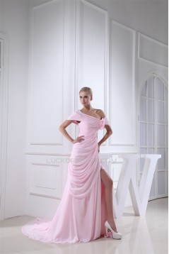 Off-the-Shoulder Sheath/Column Long Pink Chiffon Prom/Formal Evening Dresses 02020225