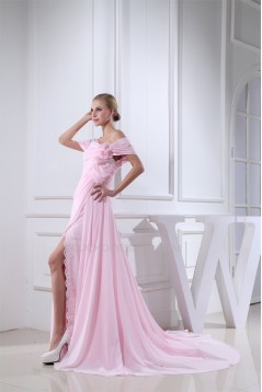 Off-the-Shoulder Sheath/Column Long Pink Chiffon Prom/Formal Evening Dresses 02020225