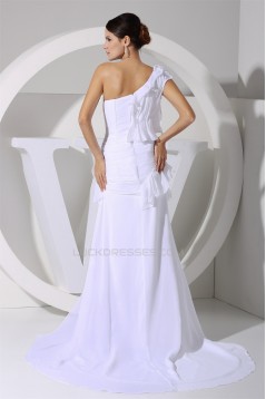 One-Shoulder A-Line Brush Sweep Train Sleeveless Long White Prom/Formal Evening Dresses 02020227