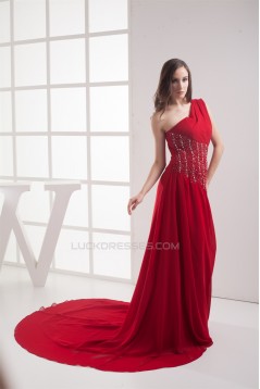 A-Line One-Shoulder Sleeveless Beading Long Red Prom/Formal Evening Dresses 02020236