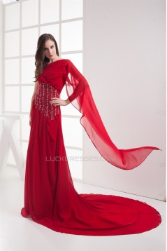A-Line One-Shoulder Sleeveless Beading Long Red Prom/Formal Evening Dresses 02020236