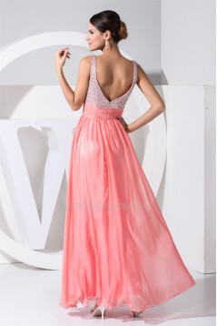 A-Line Straps Sleeveless Beaded Long Pink Prom/Formal Evening Dresses 02020241