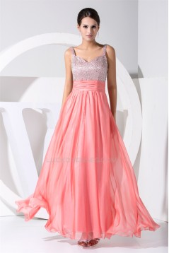 A-Line Straps Sleeveless Beaded Long Pink Prom/Formal Evening Dresses 02020241