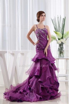 Puddle Train Beading A-Line Straps Satin Prom/Formal Evening Dresses 02020245
