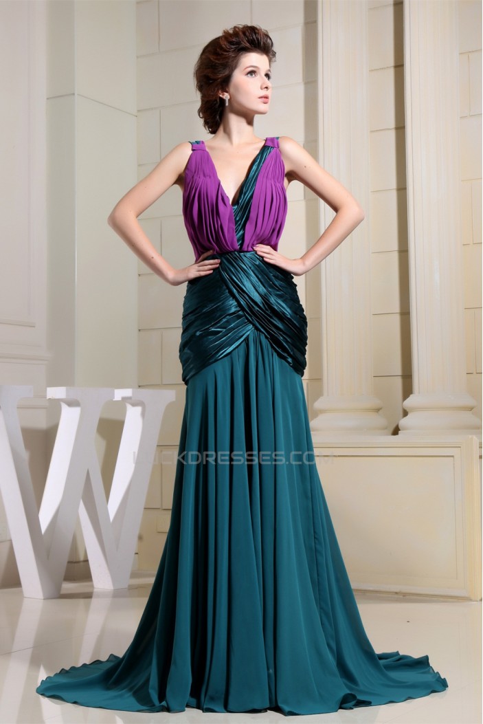Puddle Train Ruffles Chiffon Silk like Satin Prom/Formal Evening Dresses 02020246