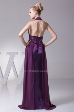 A-Line Ruffles Sleeveless Halter Chiffon Silk like Satin Prom/Formal Evening Dresses 02020253