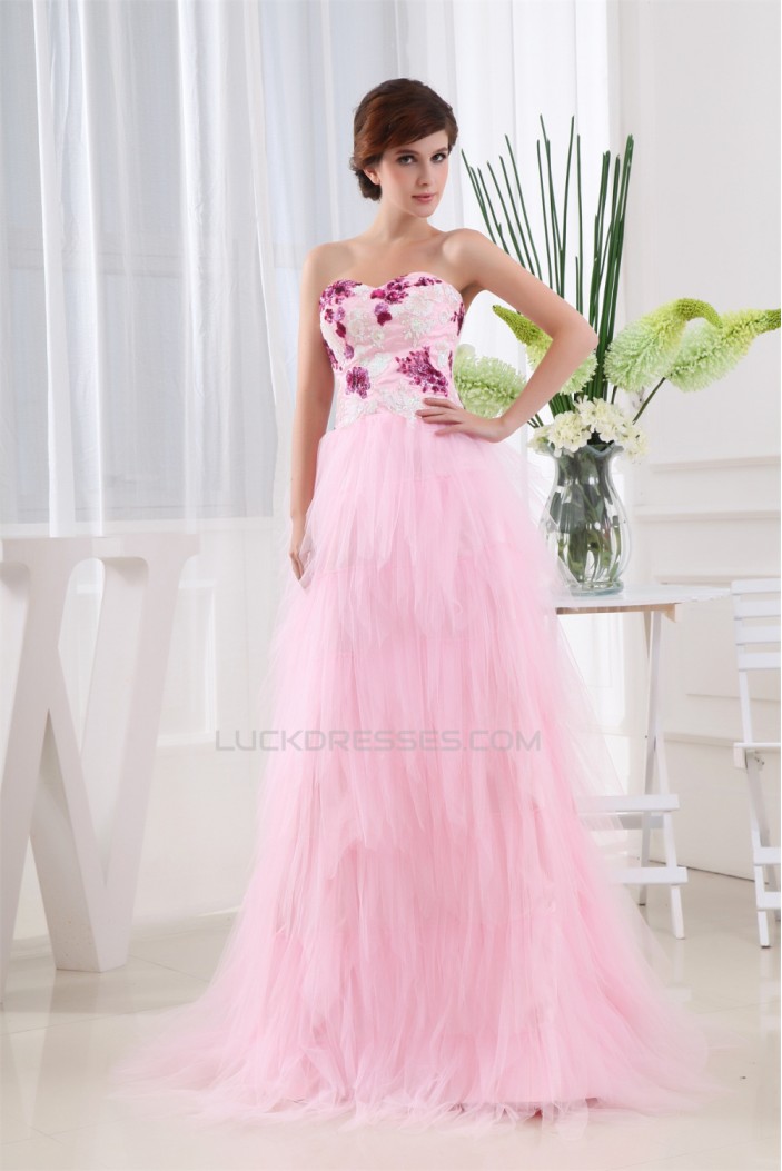 Ruffles Sleeveless Fine Netting Long Pink Prom/Formal Evening Dresses 02020261