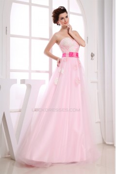 A-Line Sweetheart Satin Fine Netting Long Pink Beading Prom/Formal Evening Dresses 02020269