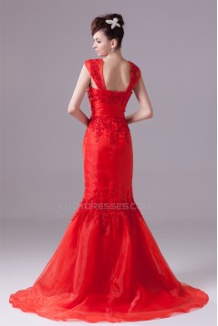 Satin Organza Capped Sleeves Square Mermaid/Trumpet Prom/Formal Evening Dresses 02020274