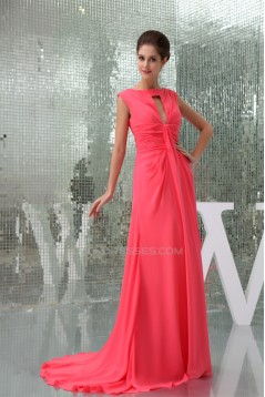 Scoop Chiffon Brush Sweep Train Long Prom/Formal Evening Dresses 02020282
