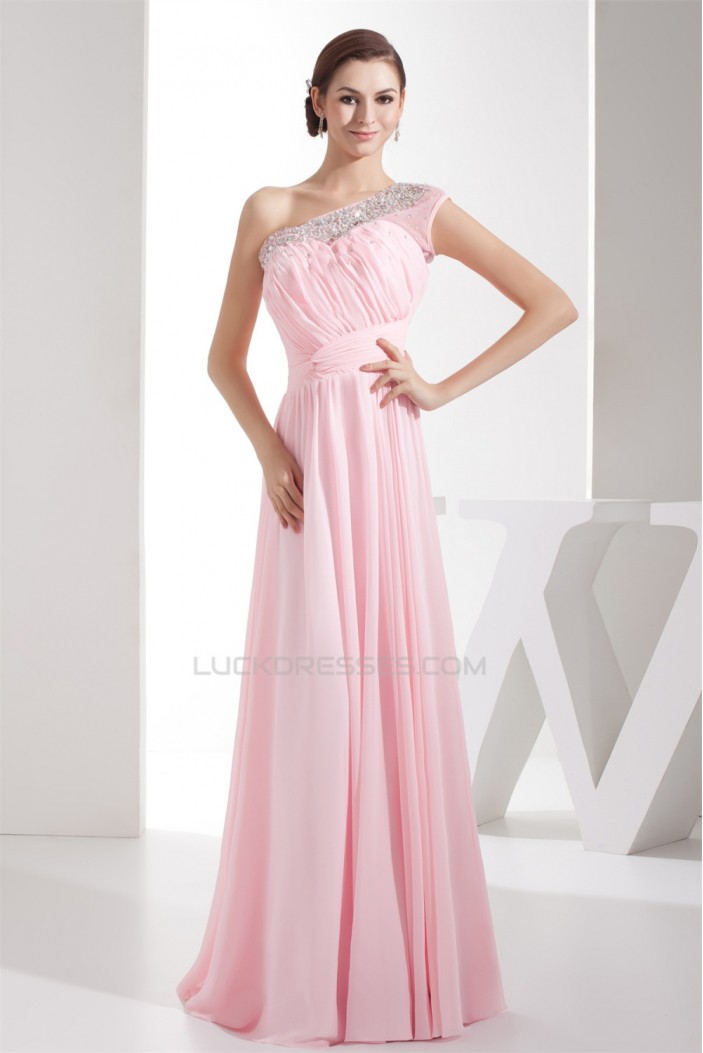 Elegant Sheath/Column Beading Chiffon Long Pink Prom Evening Formal Bridesmaid Dresses 02020284