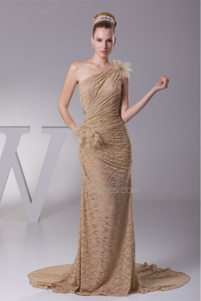 Sheath/Column Brush Sweep Train Pleats Lace Long Prom/Formal Evening Dresses 02020288